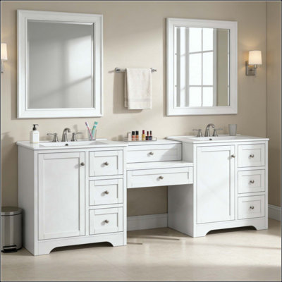 Double-Sink Bathroom Vanity, 2 Ceramic Sinks And A Engineered Stone Countertop, Large Storage Bathroom Vanity With Silver Metal Knobs And 6 Drawers, Soft Closing Design(faucet not included)