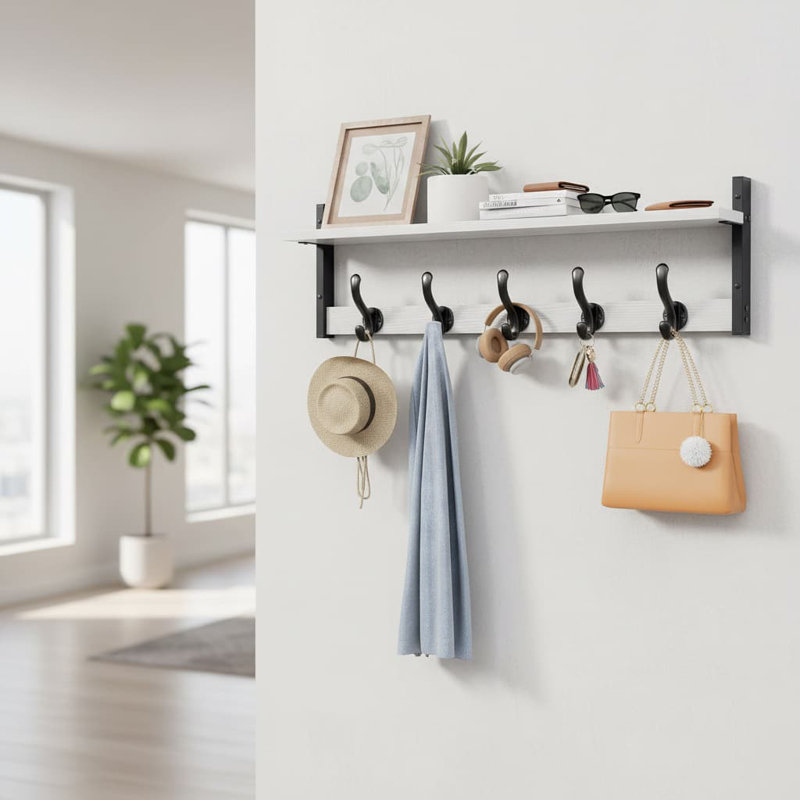 29" Rustic White Wall Mount Coat Rack with Shelf - Entryway/Bathroom/Bedroom, White