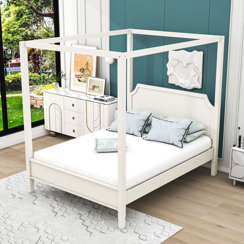Lit plateforme à baldaquin avec tête de lit, Grand lit, Blanc crémeux