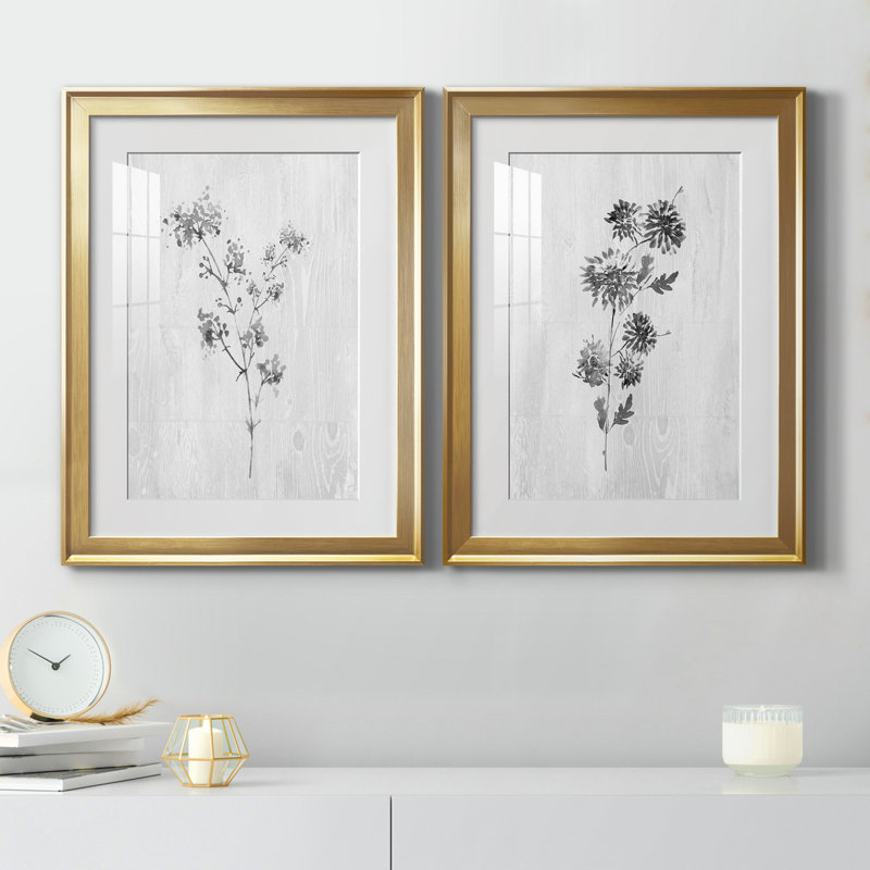 Neutral Meadow I - ensemble de 2 reproductions d'art, H 22,5 po x l 61 po x P 1,5 po, Papier encadré doré, Blanc