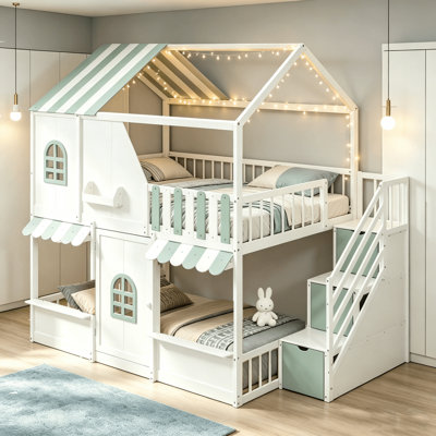 Full House Loft Bed With Storage Stairs, Convertible Playhouse Bunk Bed With Roof, Window And Door