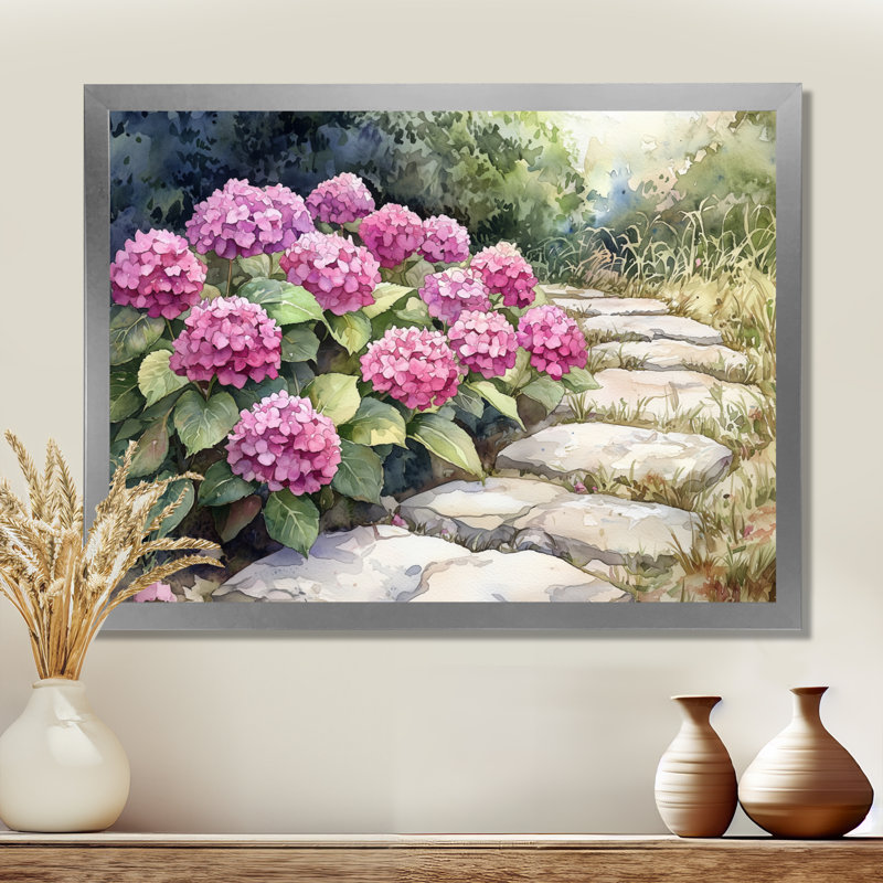 «Ikeni Hydrangeas By The Stone Path III - Hydrangea», art mural sur toile, Reproduction encadrée d'une seule photo