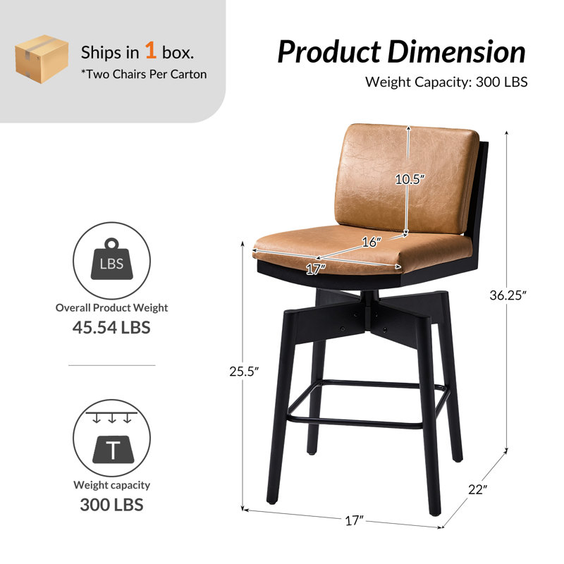 Lafrance Modern Faux Leather Swivel Barstool with Removable Back Cushion and Solid Wood Legs(Set of 2), Camel