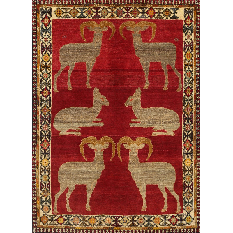 Tapis traditionnel rouge / beige / noir, Rectangle 5 pi x 7 pi