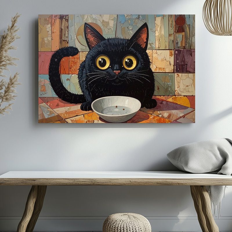 Plaignant un chat noir surréel félin fixant un bol vide dans la toile silencieuse, art mural prêt à accrocher, décoration moderne