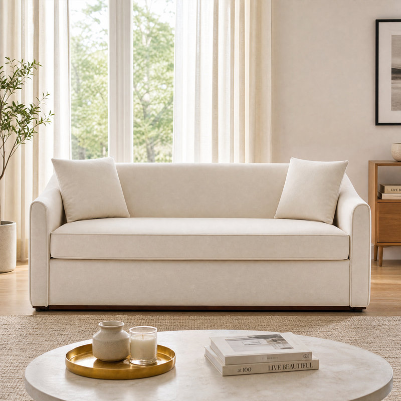 Canapé confortable à 3 places - Canapé élégant avec accoudoirs sculptés et ensemble de coussins, Beige