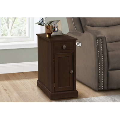 Table d'appoint, table de bout, table d'appoint, table de chevet, étroite, chambre à coucher, lampe, tiroir de rangement, placage brun