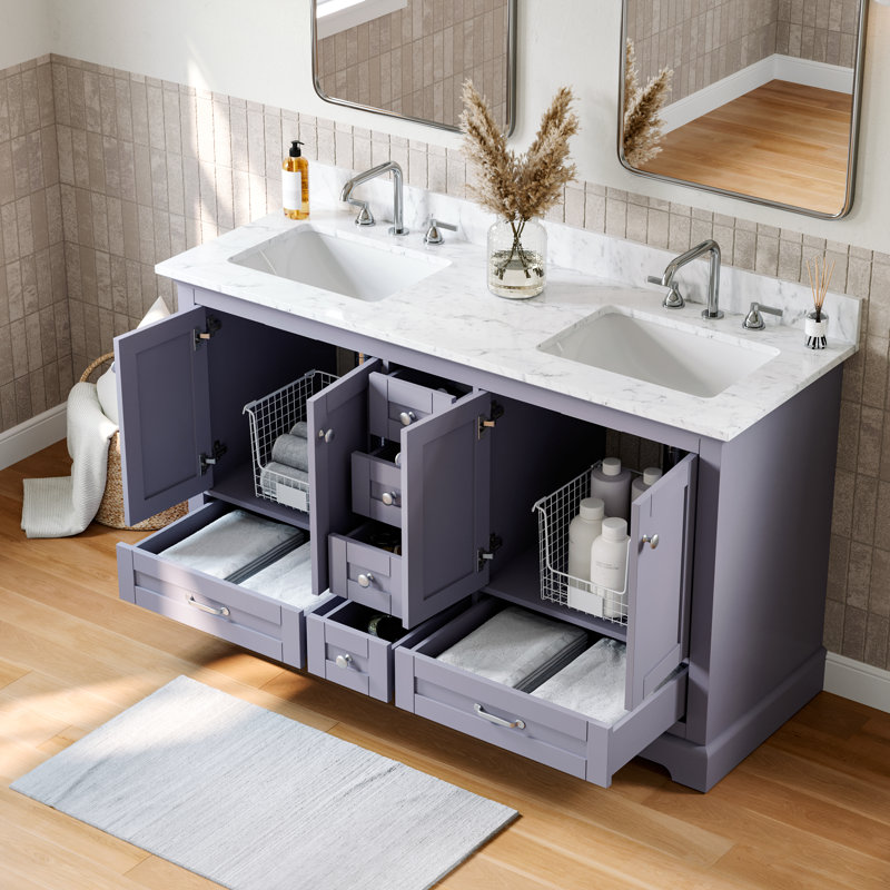 Meuble-lavabo autoportant moderne de 60 po avec lavabo double avec comptoir en marbre de Carrare, lavabo en céramique, six tiroirs et deux armoires de rangement en bois massif