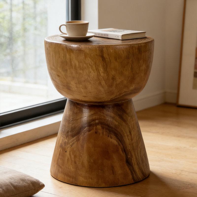 Solid Wood Sculptural Hourglass Shape End Table