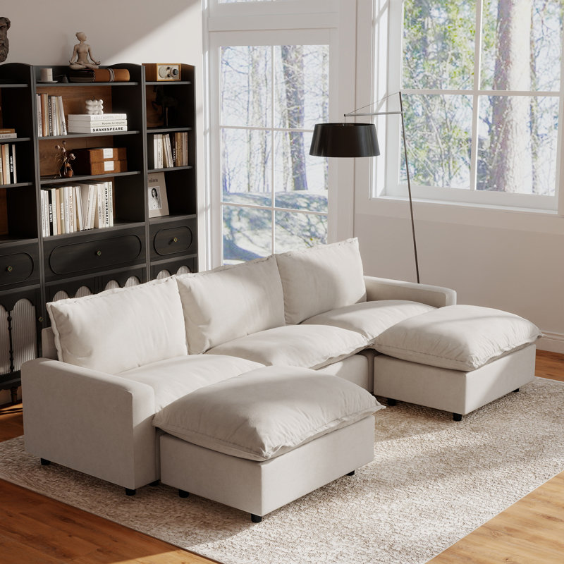 5-Piece Upholstered Modular Linen Fabric Sectional With Ottoman, Beige Linen, 35.04" H x 116.14" W x 59.44" D