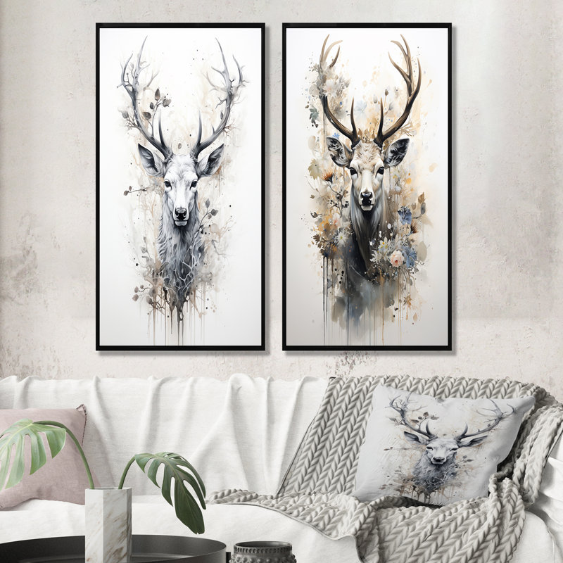 Portrait de cerf noir et blanc - ensemble de 2 reproductions d'art sur toile, Cadre noir, H 32 po x l 33 po