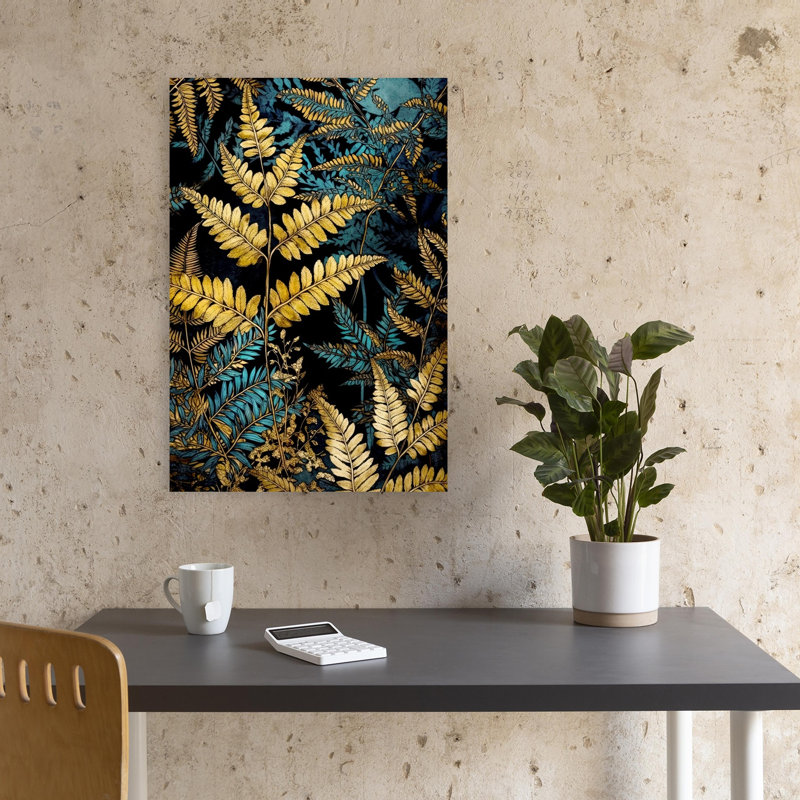 Golden Teal Ferns Abstract Fern Flower Nature Wall Art Print 1 Piece Wrapped Canvas Wall Art, 45.72cm H x 30.48cm W