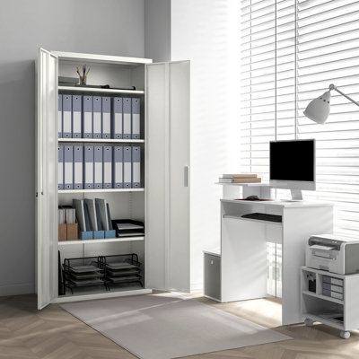 Armoire de rangement 71 po en métal avec 2 portes et 4 tablettes réglables blanches