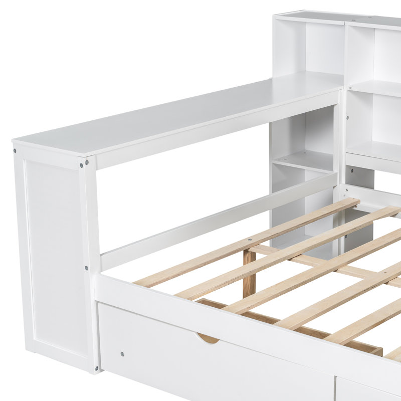 Lit plateforme en bois avec rangement, tête de lit tapissier et bureau à DEL, Lit double, Blanc