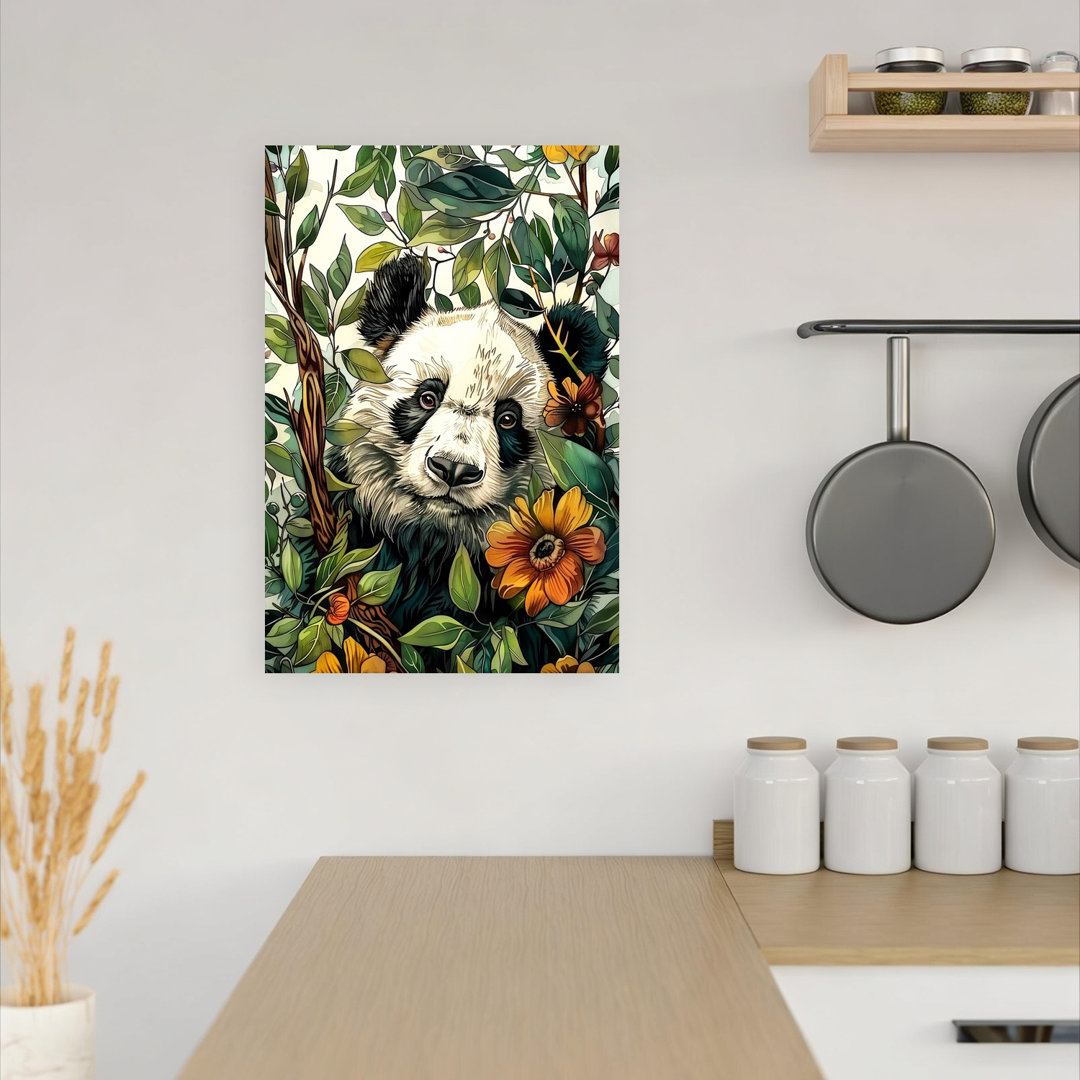 Peeking Panda Among Leaves Abstract Contemporary Panda Flower Forest Wall Art Print