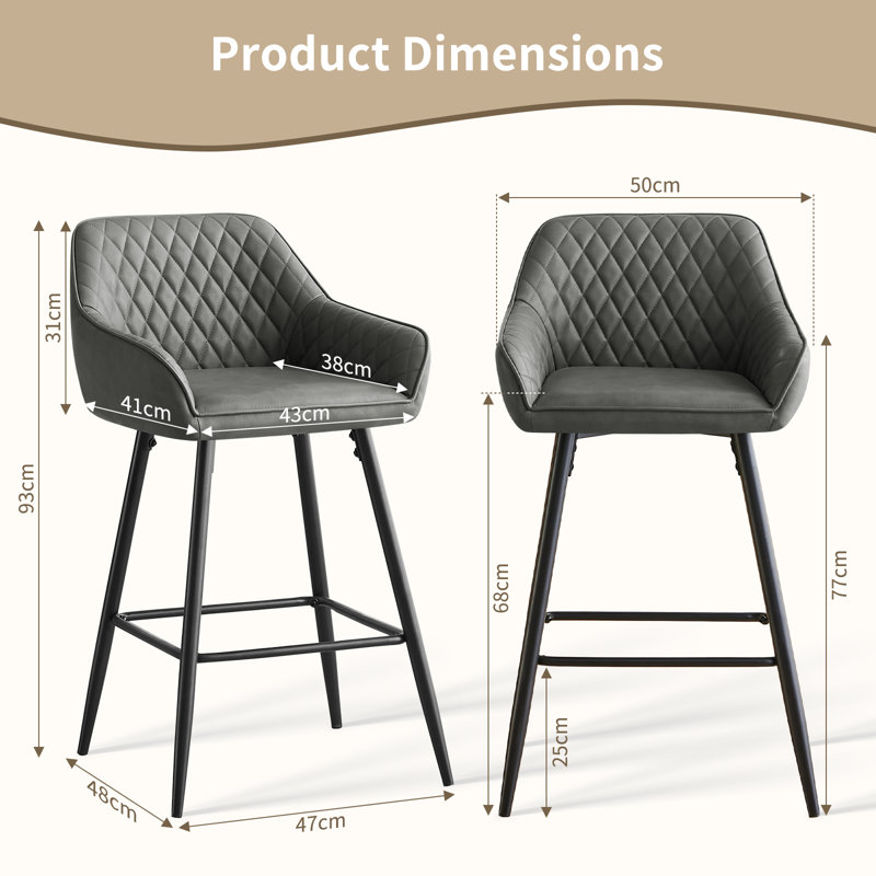 Saarrah 68cm Upholstered Bar Stool with Arms, Grey Faux Leather, 2
