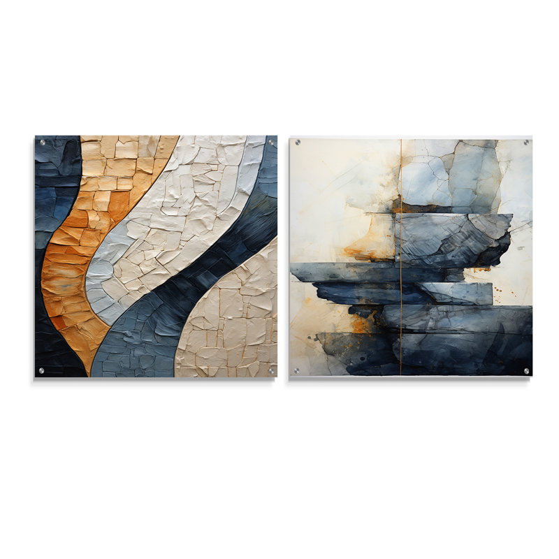 «Blue Spiritual Stone Minimalisme», ensemble de 2 peintures murales en acrylique, H 36 po x l 73 po