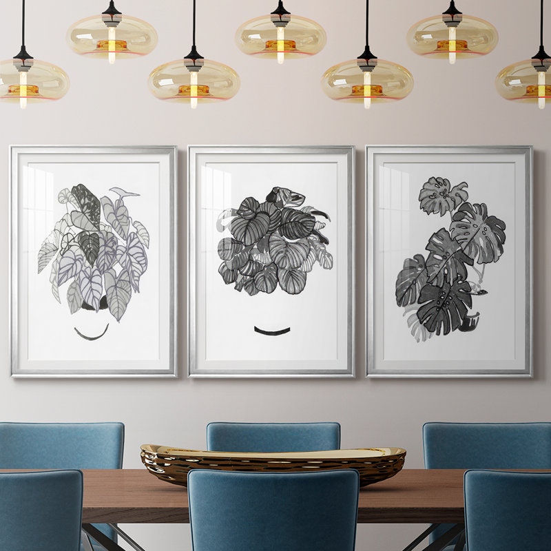 B&W Plante d'intérieur I - Impression encadrée sur mesure de qualité supérieure - 3 pièces, H 15 po x l 19 po, Argent argent