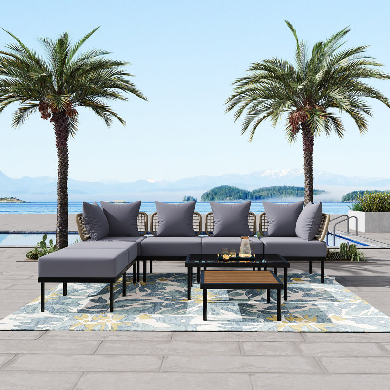 8-Piece Patio Sectional Sofa Set With Tempered Glass Coffee Table And Wooden Coffee Table, Light Grey
