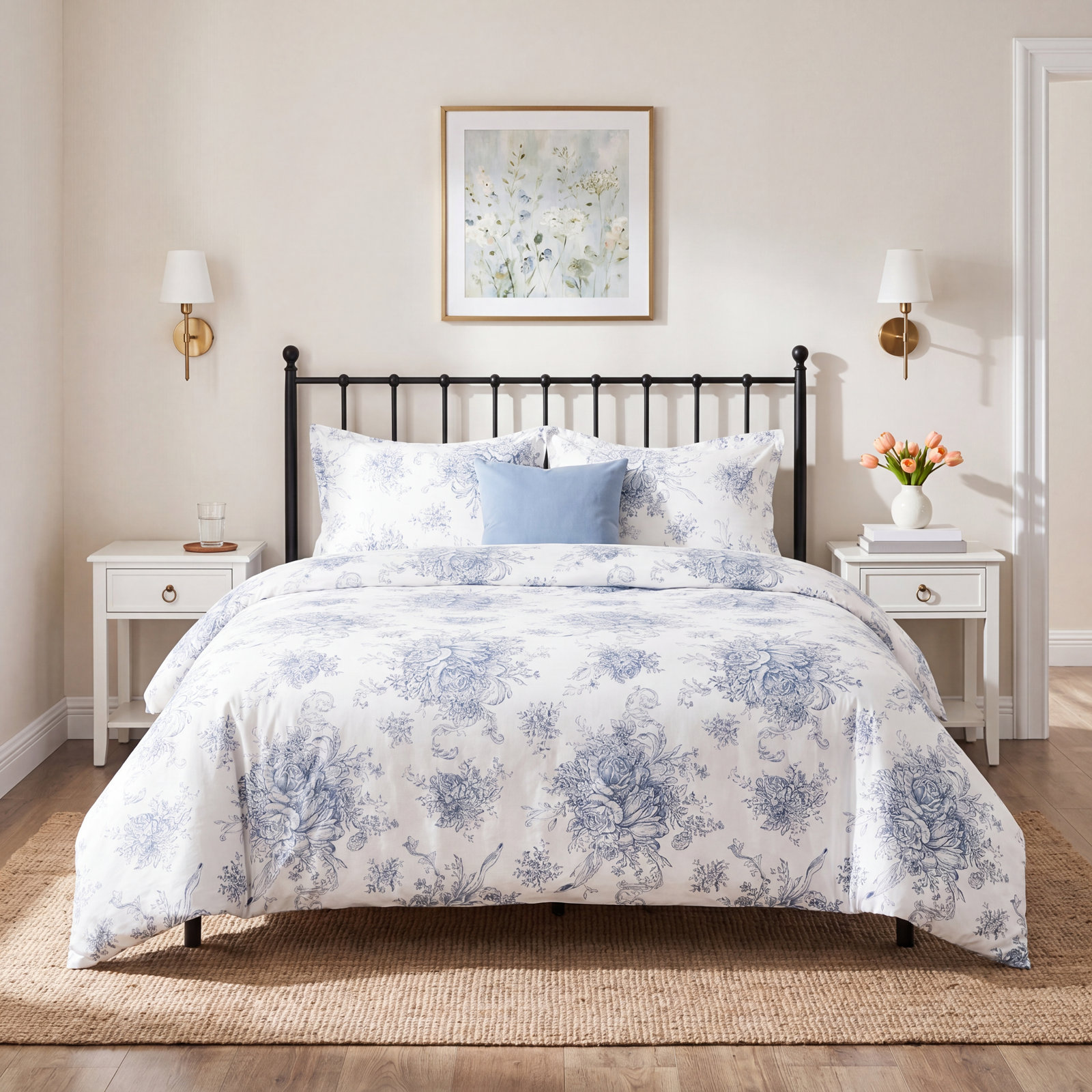 Benedictine Cotton Duvet Cover Set, King Duvet Cover + 2 King Shams, Light Blue