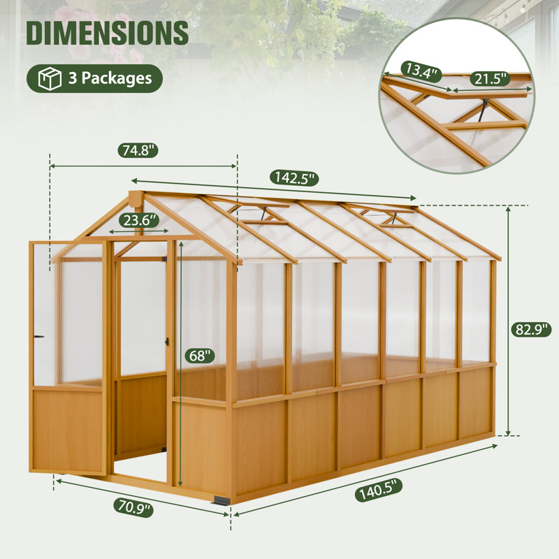 6x12 FT Wooden Greenhouse, Outdoor Walk-in Green House, 74.8" W x 144" D