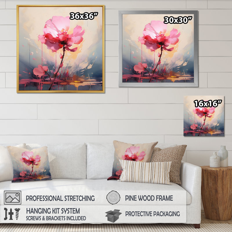 «Coral Elegance Single Pink Rose Blossoming», reproduction sur toile, H 16 po x l 16 po x P 1 po, Cadre simple blanc