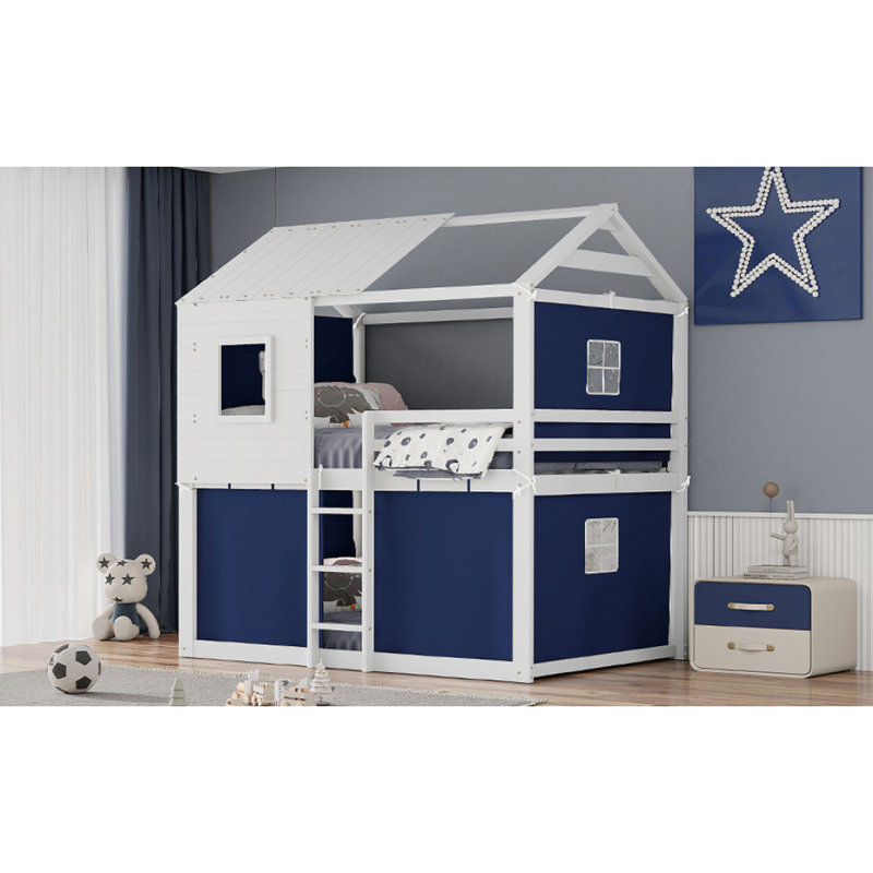 Lit double superposé en bois avec tente, bleu et blanc (ANCIEN SKU: LT000380AAC), Lit double, Bleu