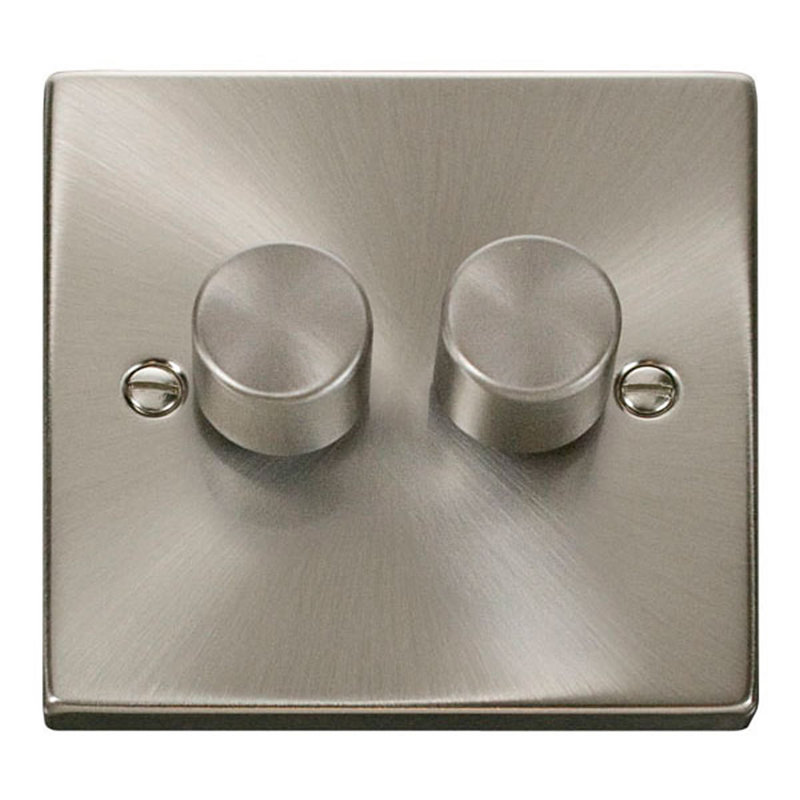 Satin / Brushed Chrome 2 Gang 2 Way LED 100W Trailing Edge Dimmer Light Switch