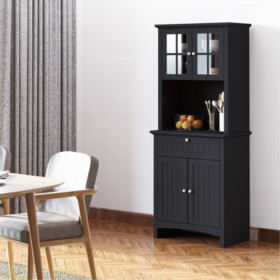 Élégant buffet avec huche, armoire de rangement pour garde-manger avec porte en verre encadrée et espace pour micro-ondes, noir
