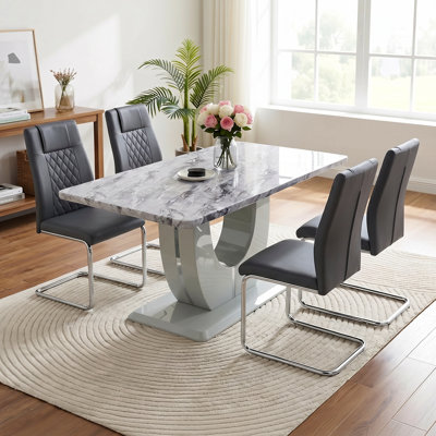 Kimara 5-Piece Modern 63" Rectangular Faux Marble Pedestal Dining Set