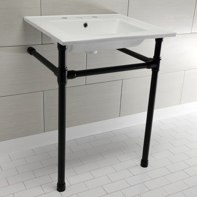 Kingston Brass Dreyfuss 25-Inch Ceramic Console Sink with Stainless Steel Legs, Matte Black, 8" Centers