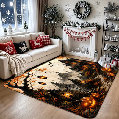 Tapis antidérapant de thème d'Halloween, décor effrayant de maison hantée, imprimé chauve-souris lanterne citrouille, tapis à poil long antidérapant lavable à la machine, tapis de sol intérieur pour salon, chambre à coucher, entrée, bureau à domicile et salle à manger