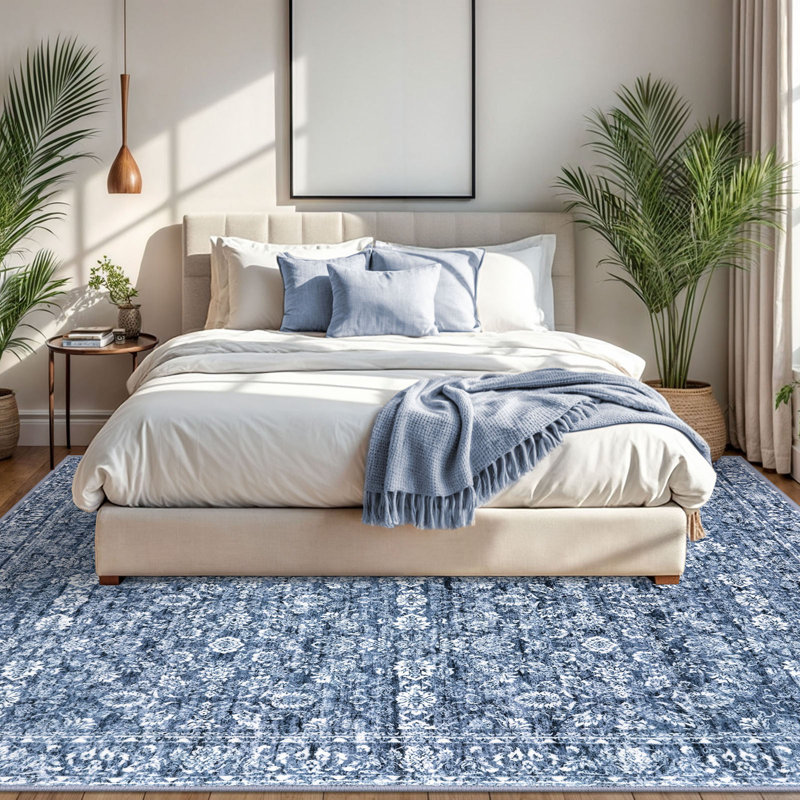 Blue Area Rugs Washable Rug for Living Room Bedroom Rug with Rubber Backing, Rectangle 8' x 10'