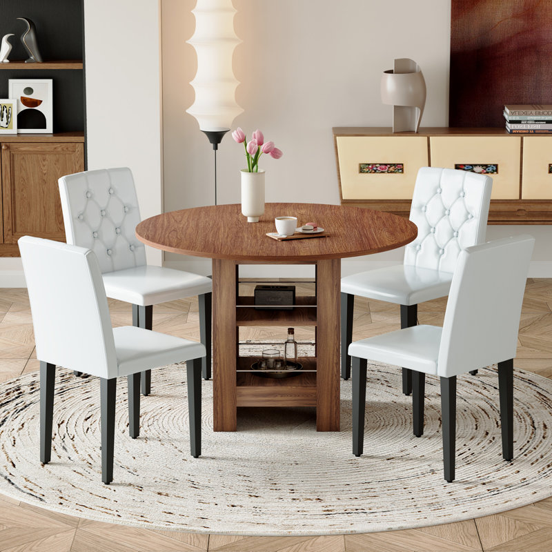 Table de salle à manger 42 "Mid-Century, 5 pièces: table, 4 chaises, Noyer, Blanc/Noir