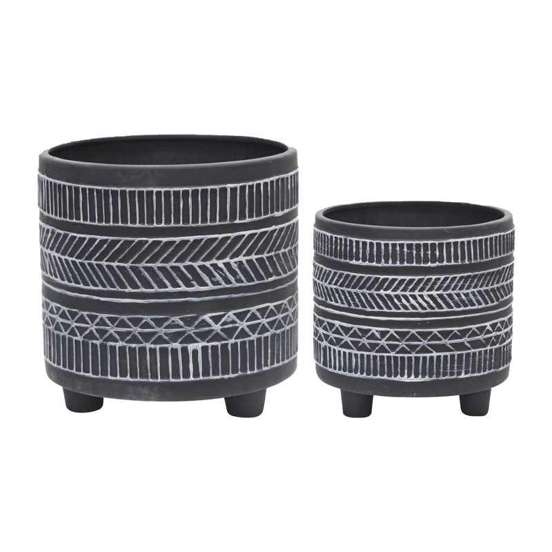 Charmayne Stoneware Ceramic Planter Set with Textured Design and Footed Base - Set of 2, Black