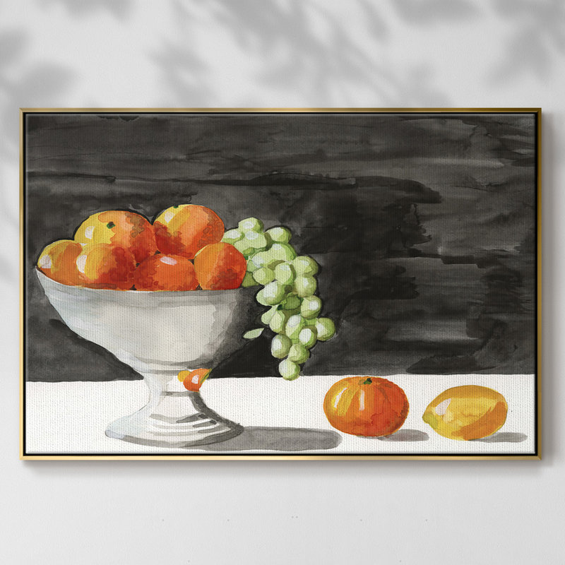 Aquarelle, bol à fruits II - impression, H 27 po x l 41 po x P 2 po, Toile avec cadre flottant or