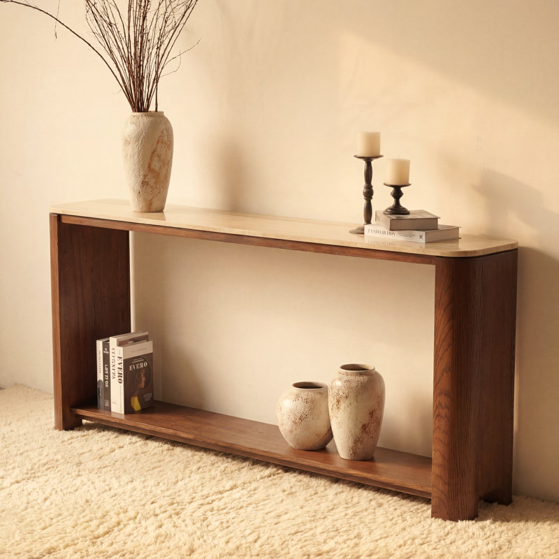 Ovelo Natural Oak Console Table with Travertine Top – Modern Entryway Sofa Table with Shelf, Brun