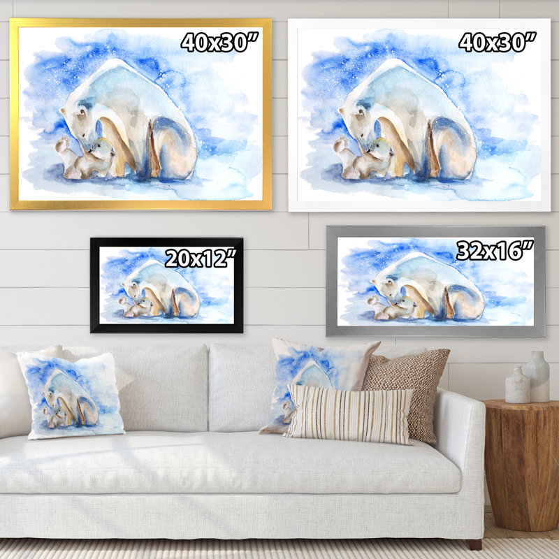 Ours polaire avec un ourson - peinture sur toile, H 13,5 po x l 21,5 po x P 1 po, Cadre argenté