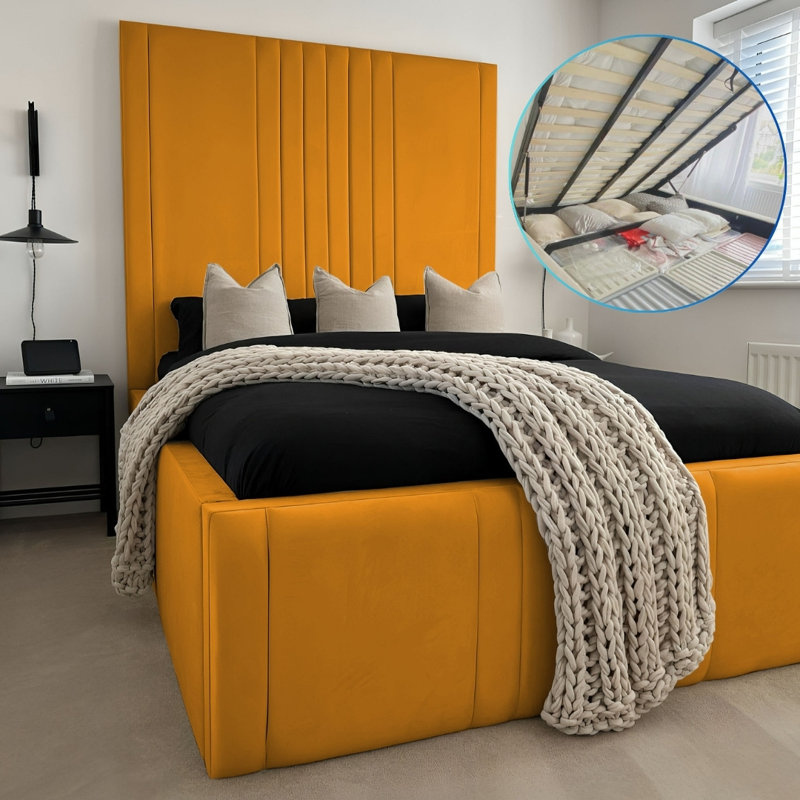 Ottoman Upholstered Bed - Dreamcape Plush Velvet Gas Lift Storage with Headboard, Mustard, Kingsize (5')