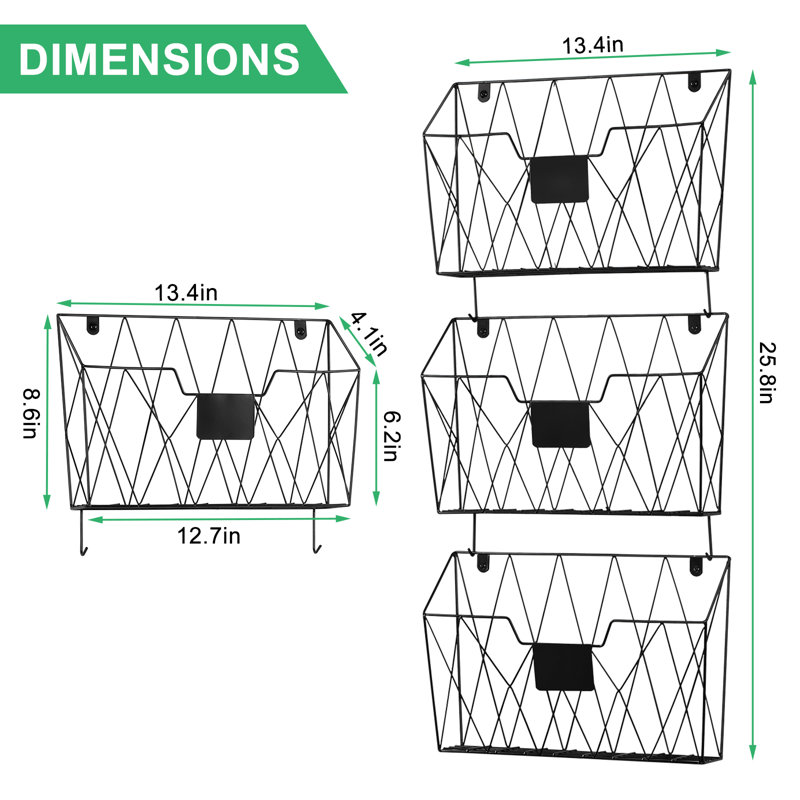 Wall Mounted File Rack For Office With Hooks, Set Of 6, Black