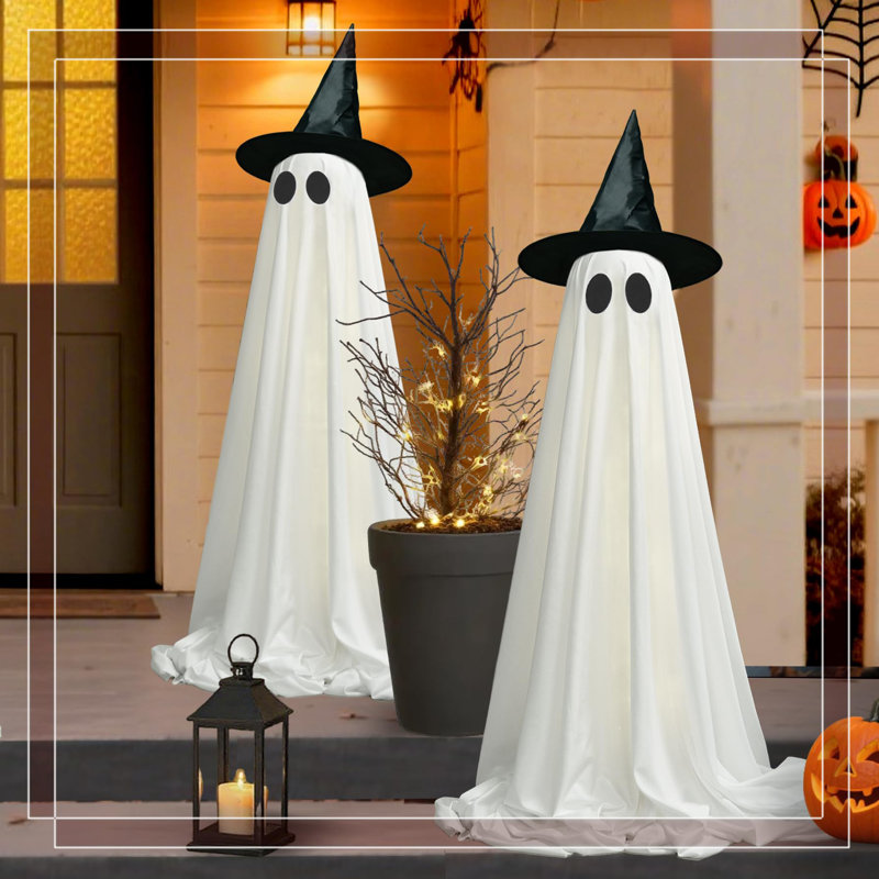 Décoration fantôme d'Halloween pour l'extérieur (2 pièces) - Hauteur réglable de 60 po, guirlandes lumineuses à distance (8 modes / minuterie), visages personnalisés pour maison hantée