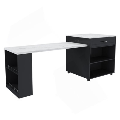 80-Inch Expandable Kitchen Island With Dining Table, Marble-Grain Countertop With Power Outlet, Mobile Storage Cart With Cabinet & 2 Drawers, Kitchen Prep Table (Black)