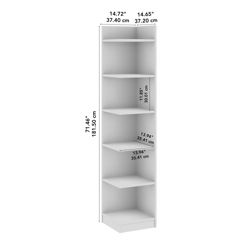 Universal 15W Tall Corner Bookshelf in White - Engineered Wood