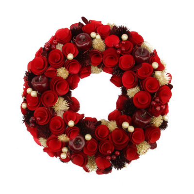 12" Red Wooden Rose Apple and Faux Pearl Artificial Valentines Wreath - Unlit
