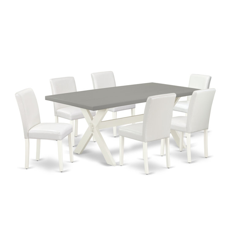 7 Piece Dining Table Set Consist of a Rectangle Dining Room Table with X-Legs and 6 White Faux Leather Upholstered Chairs, linen white
