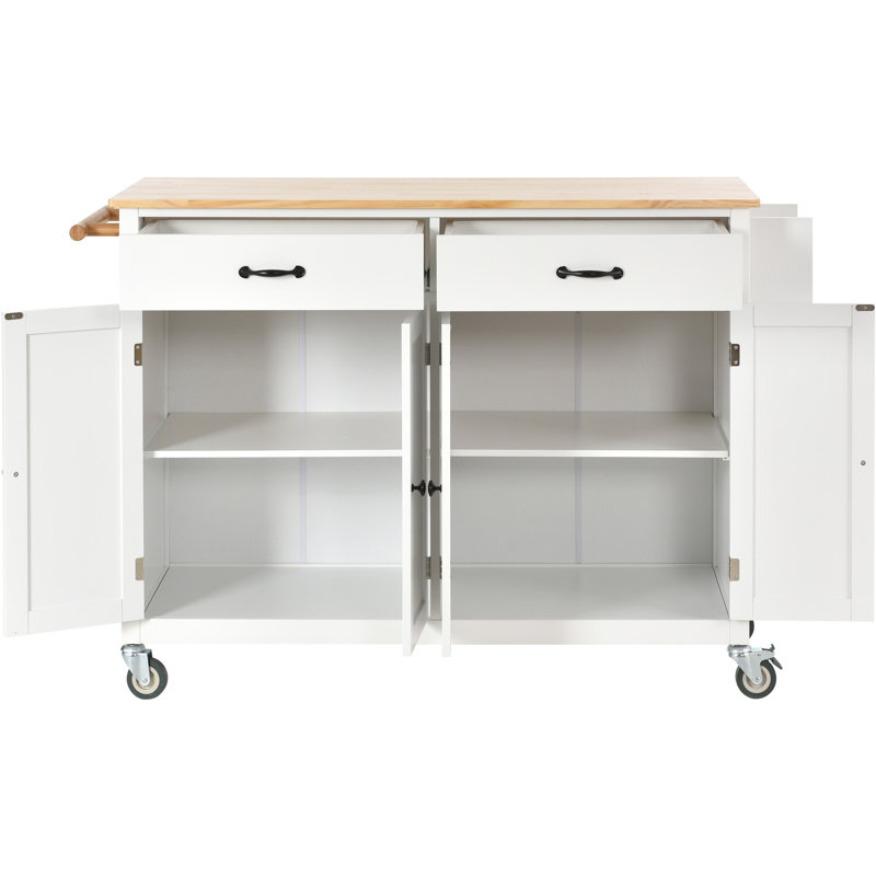 Kitchen Island Cart With Solid Wood Top And Locking Wheels, White