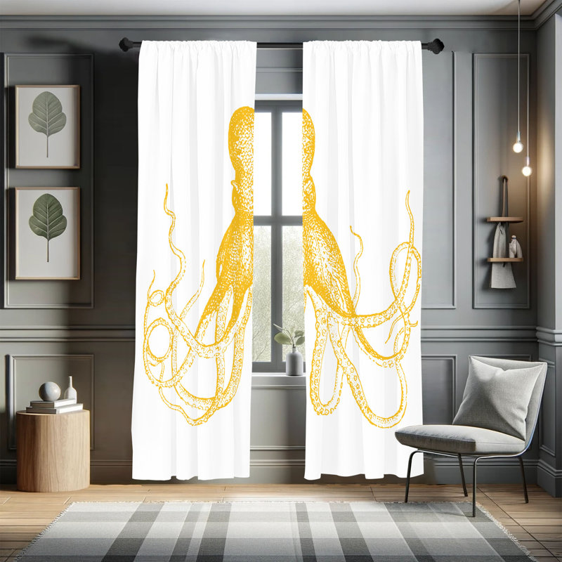 Ebern Designs Octopus Curtains, Marine Animal Tentacles Art, Pair of 28", Earth Yellow, 28" W x 95" L