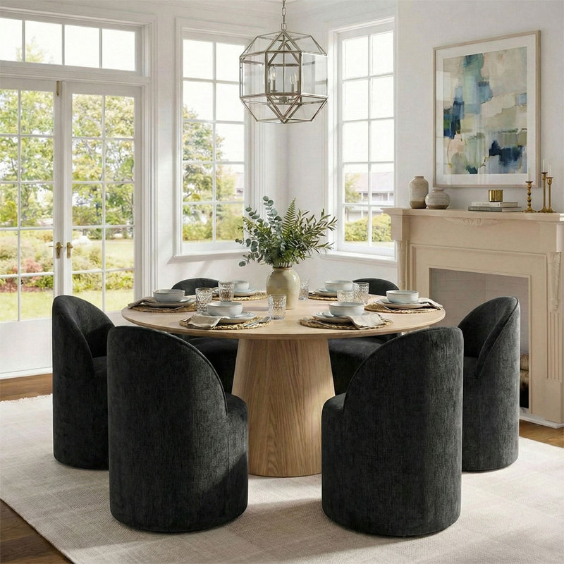 6 - Person Dining Table Sets With Round Table & 6 Upholstered Chairs, Black, Natural