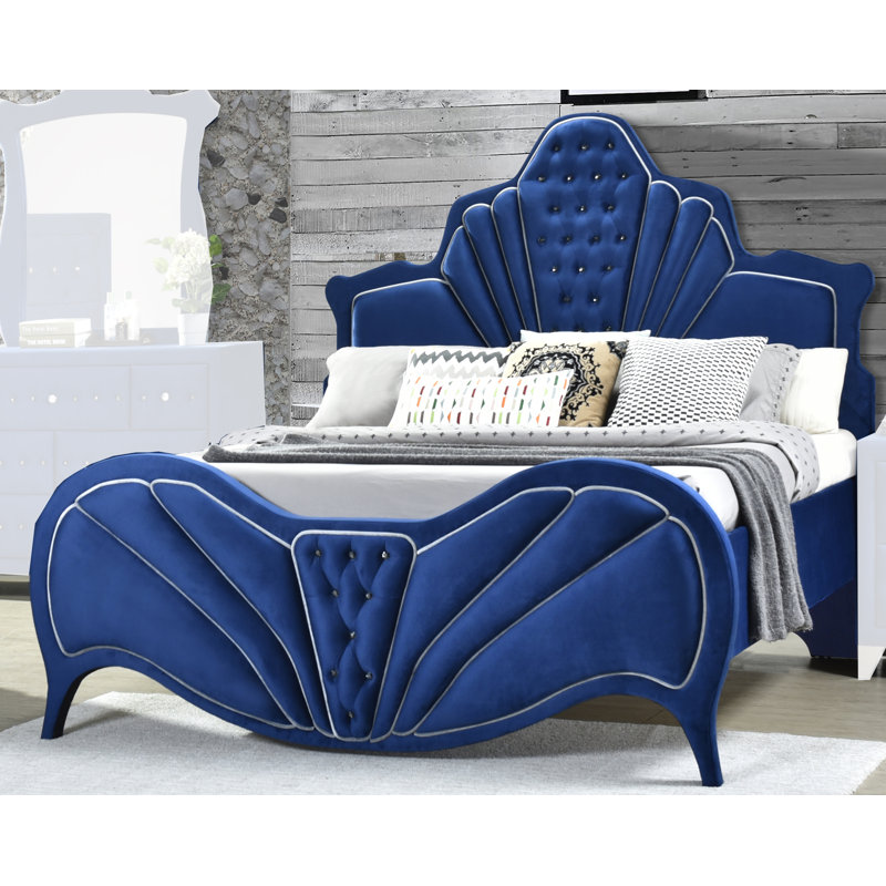 Upholstered Platform Bed, Blue, Queen