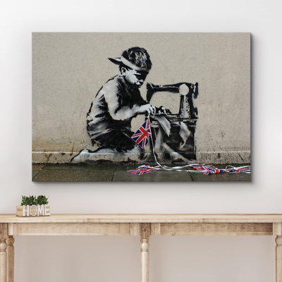 Pop Urban Street " Banksy Kid Sews United Kingdom Flags Graffiti & Street Art Pop Culture Pop Art Multicolor Dark "